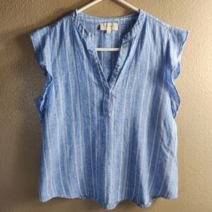 NAF NAF Paris Womens |M| Linen Blend Blue/White Stripe Sleeveless V-Neck Popover